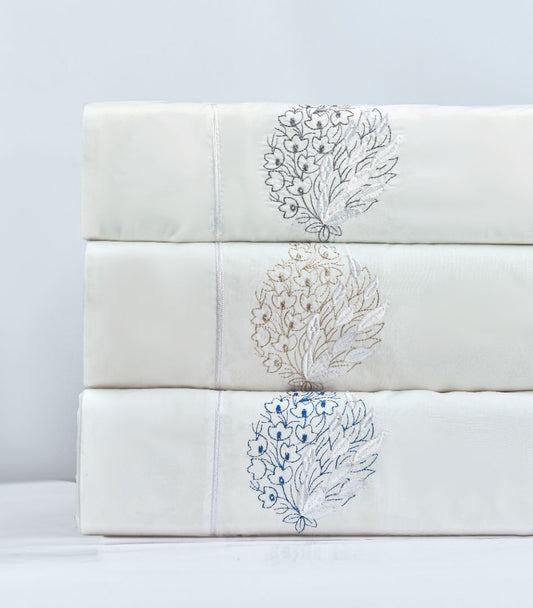 طقم ملاءات سرير مطرز بالألوان مكون من 3 قطع، 100% قطن، 1 ملاءة سرير كينج، 2 كيس وسادة قياسي