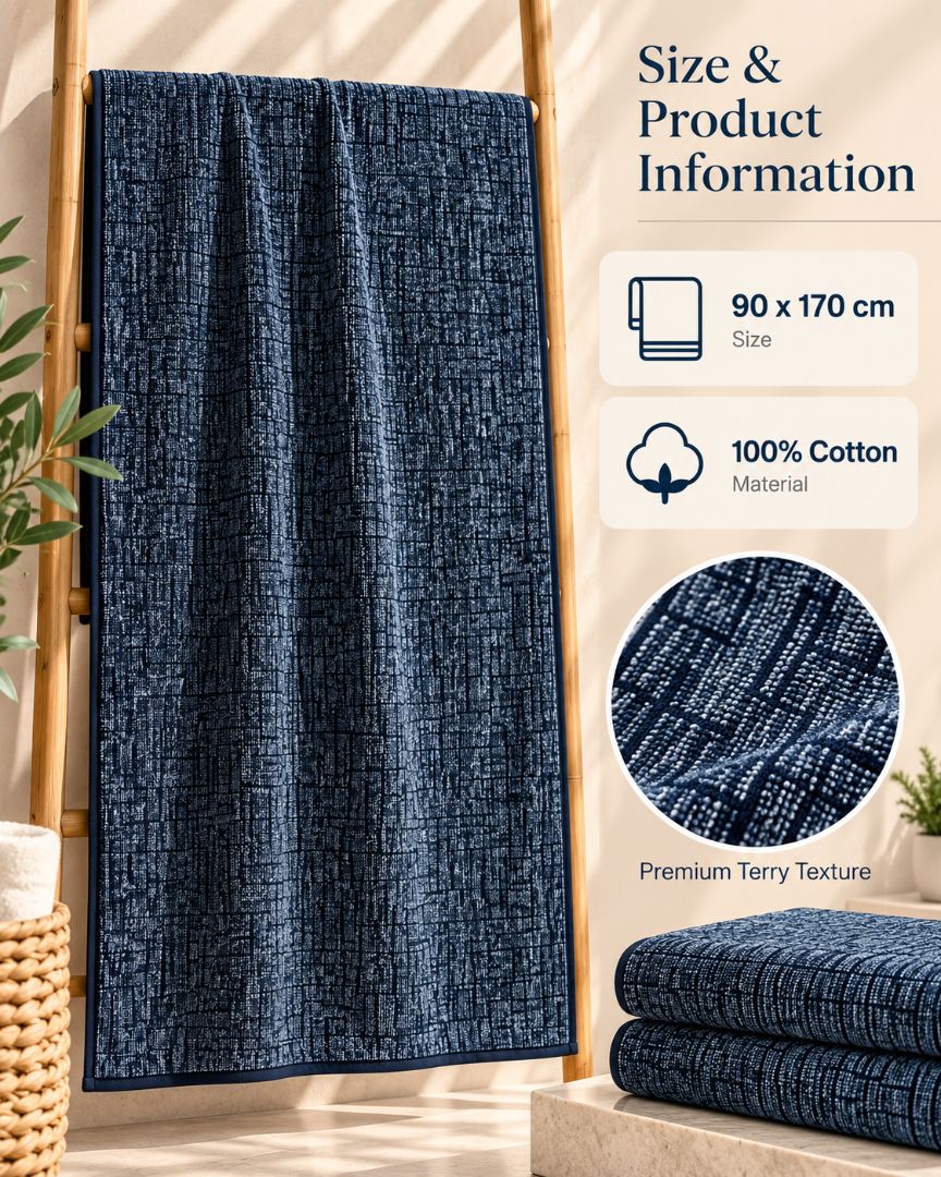 Premium Bath towel 90x170 cm , 100% cotton,Navy Geometric Grid.