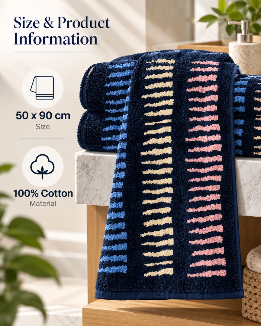 Premium Bath towel 50x90 cm , 100% cotton,Navy Wavy Stripe.