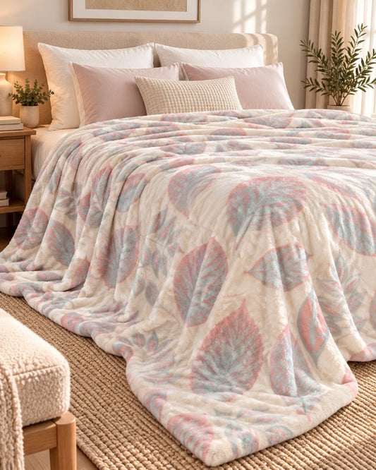 Hélène MOU Fluffy Sofa & Bed Blanket Pastel Leaves.