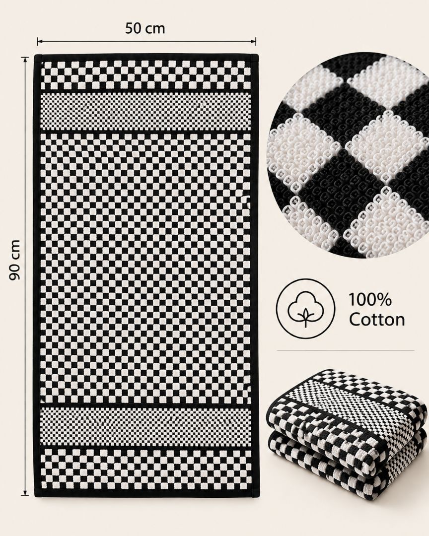 Premium Bath towel 50x90 cm , 100% cotton,Black&White Checkerd.