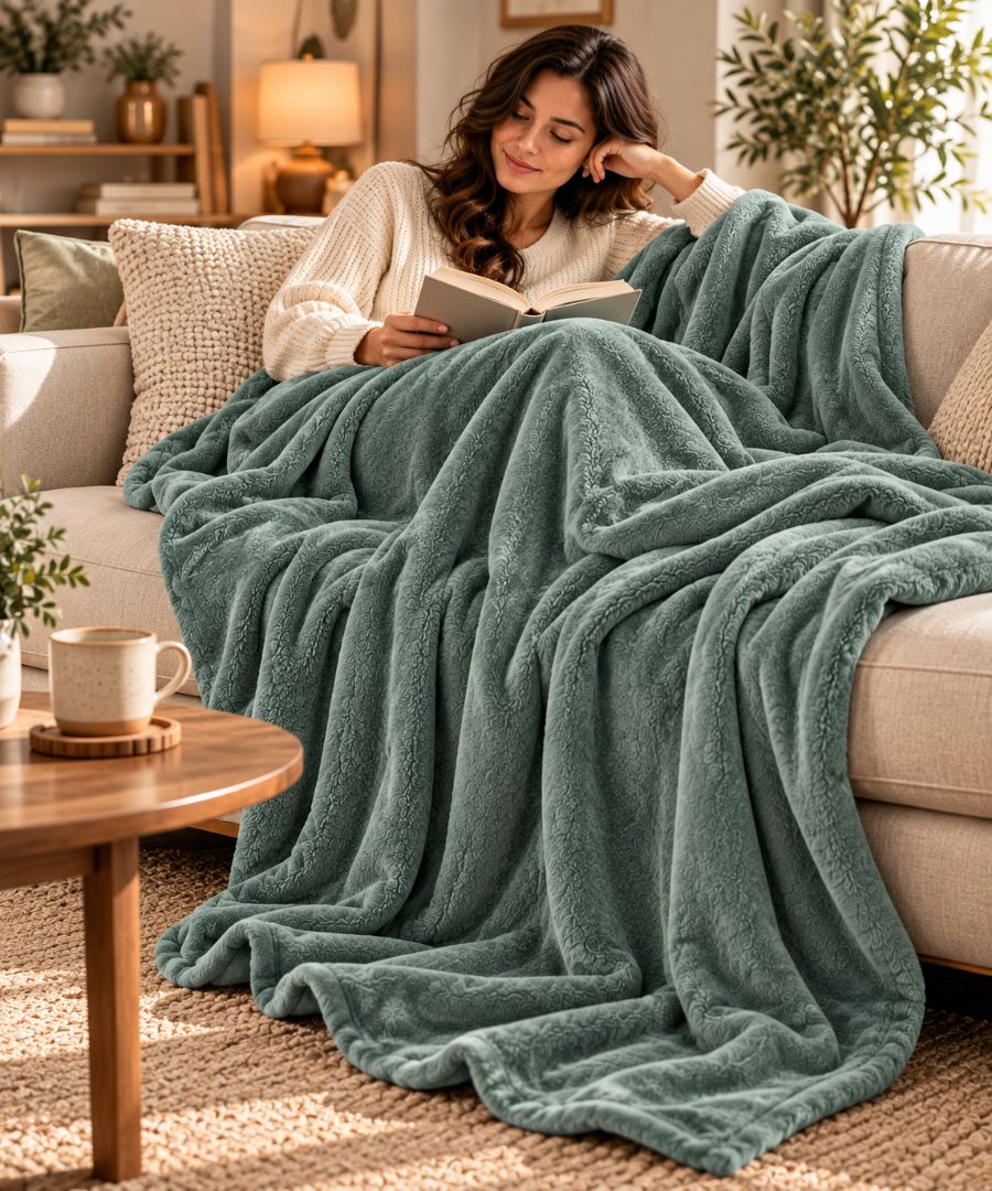 Hélène MOU Fluffy Sofa & Bed Blanket sage green.