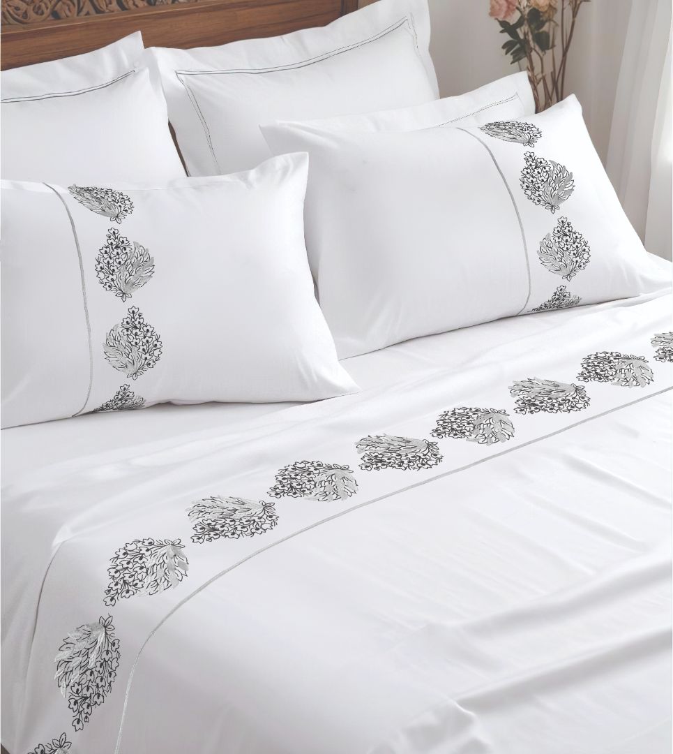 Bed sheet set with Embroidery color 3 pcs set,100%cotton, 1 KING Flat Sheet ,2 Standard Pillowcases