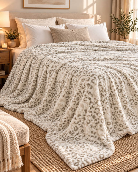 Hélène MOU Fluffy Sofa & Bed Blanket Sand Leopard.