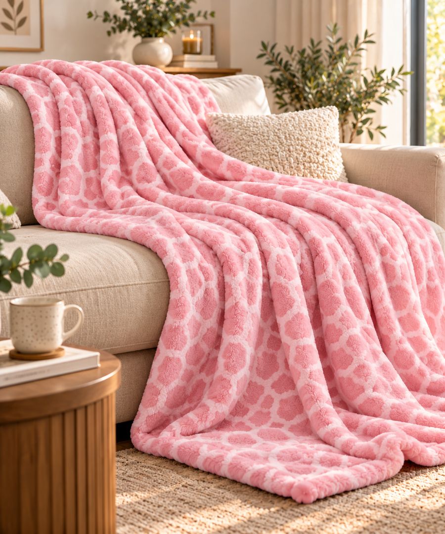 Hélène MOU Fluffy Sofa & Bed Blanket Pink Giraffe Blanket.