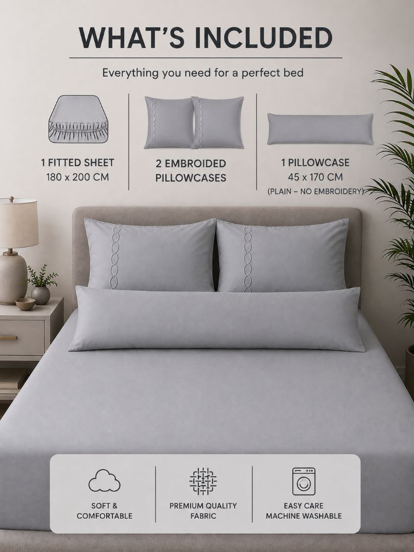 Premium Quality Fitted Sheet and Embroidered Pillowcase Set of 4 Pcs size 2 pillow cases size 50x70 cm , 1 pillow case 45x170 cm 180x200 cm.