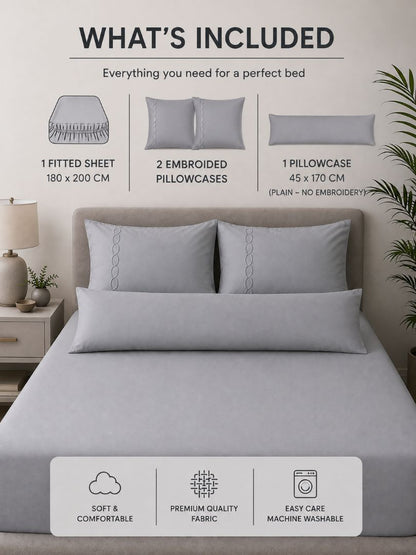 Premium Quality Fitted Sheet and Embroidered Pillowcase Set of 4 Pcs size 2 pillow cases size 50x70 cm , 1 pillow case 45x170 cm 180x200 cm.