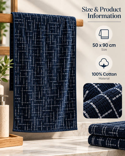 Premium Bath towel 50x90 cm , 100% cotton,Navy Blue Geometric Grid.