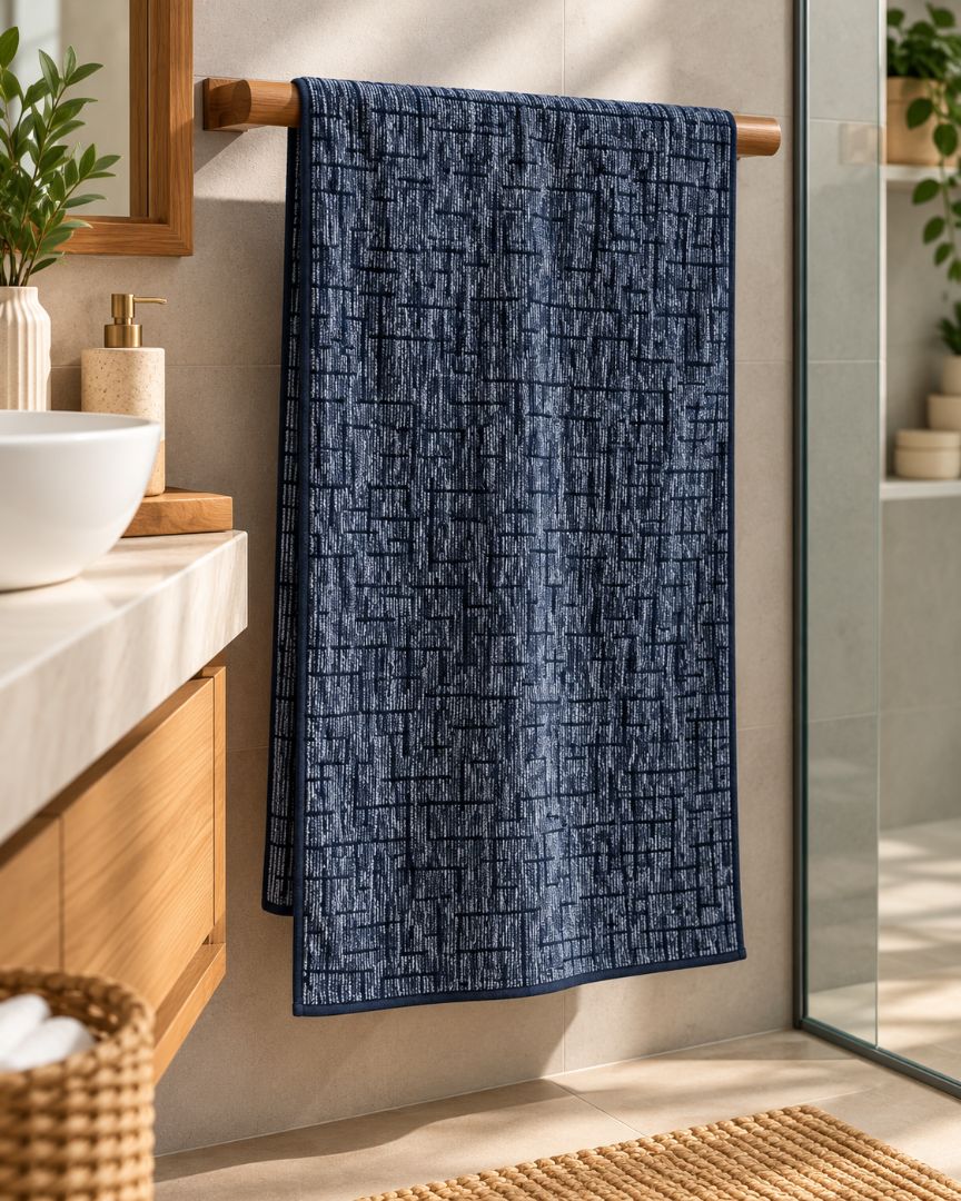Premium Bath towel 50x90 cm , 100% cotton,Navy Geometric Grid.