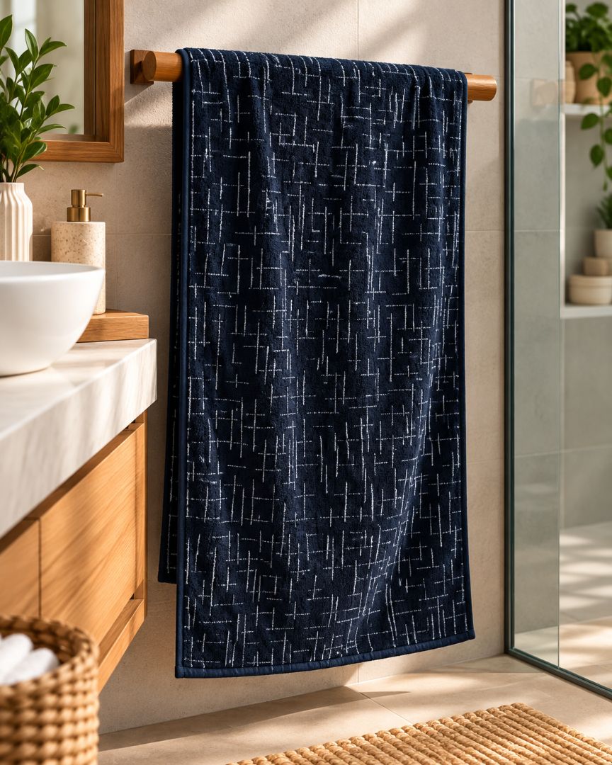 Premium Bath towel 50x90 cm , 100% cotton,Navy Blue Geometric Grid.
