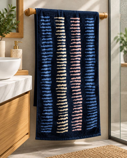 Premium Bath towel 50x90 cm , 100% cotton,Navy Wavy Stripe.