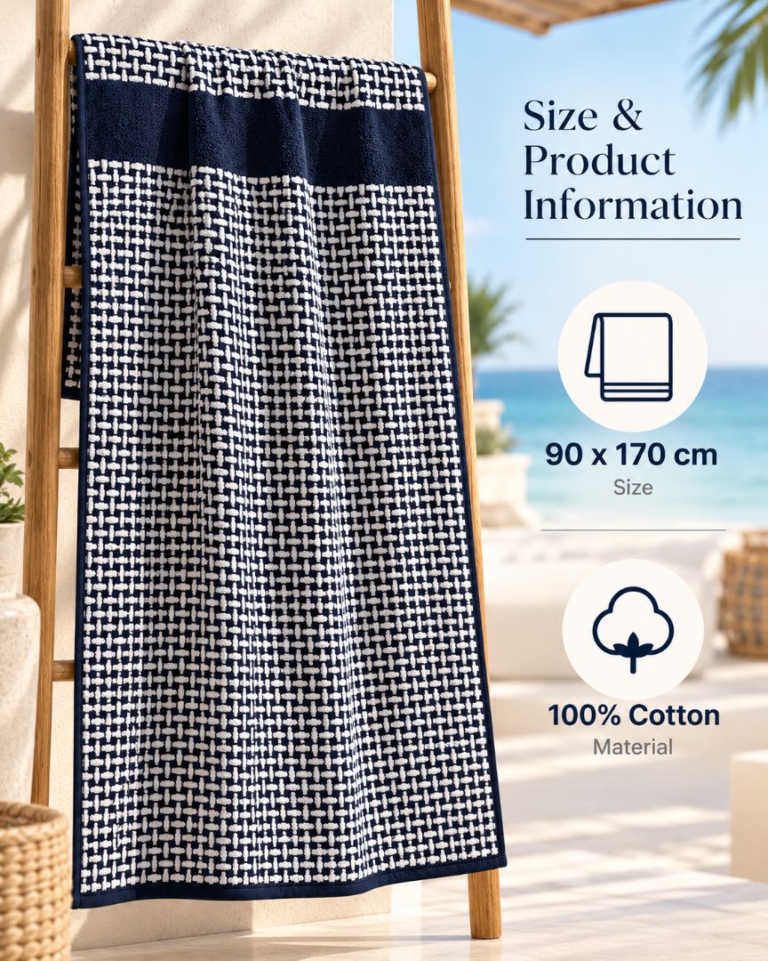 Premium Bath towel 90x170cm , 100% cotton,Navy&White Woven .