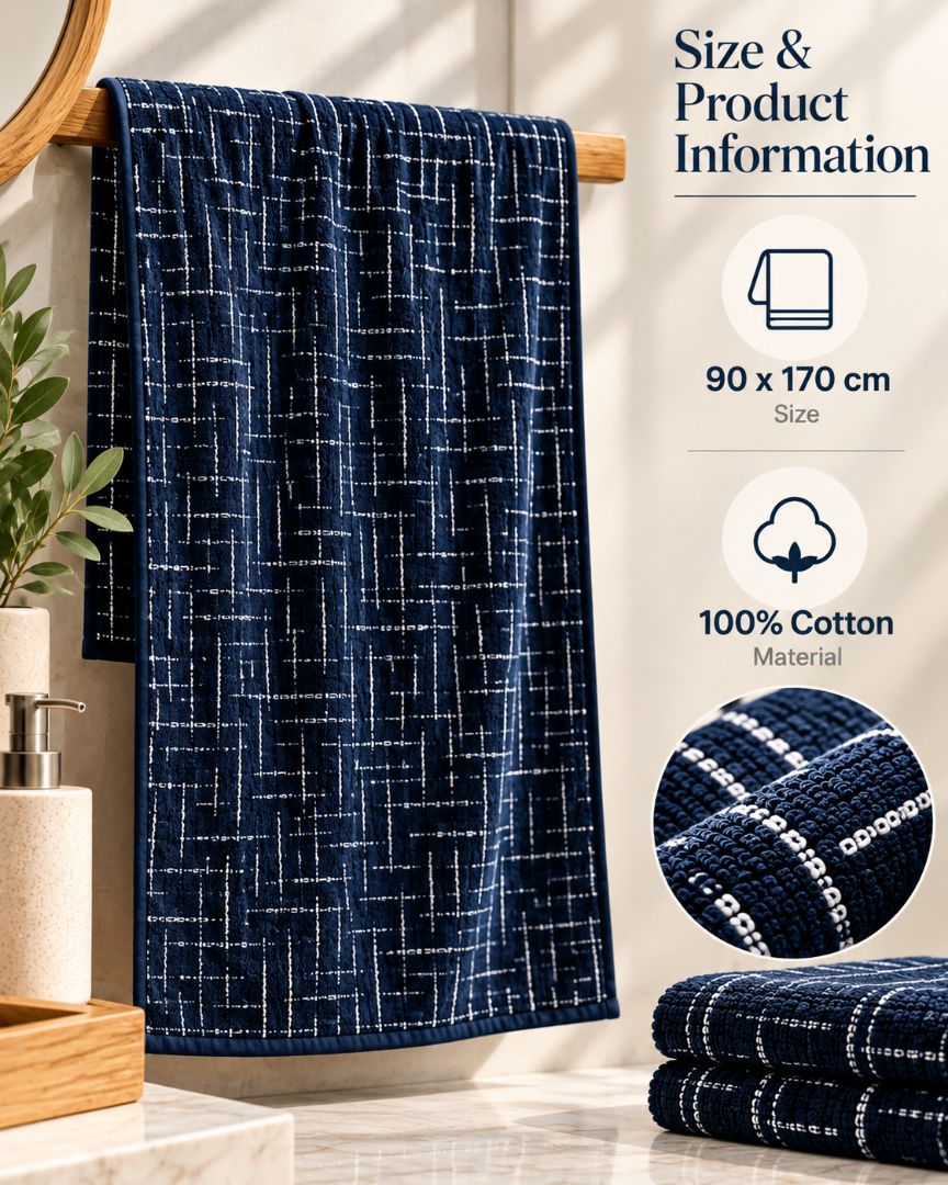 Premium Bath towel 90x170cm , 100% cotton,Navy Blue Geometric Grid.