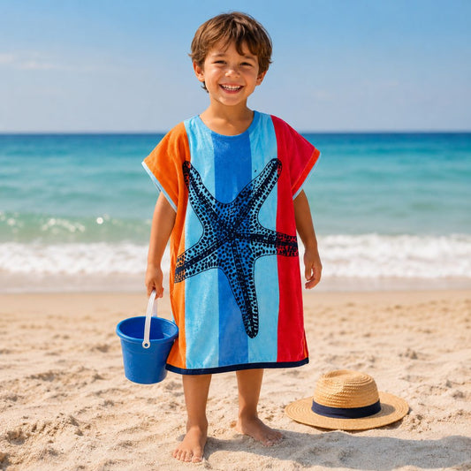 Hélène kids Poncho till 12 years , Quick Dry Lightweight Absorbent Cotton Towel Robe for Pool | Swim | Beach |, Aqua Starfish Design