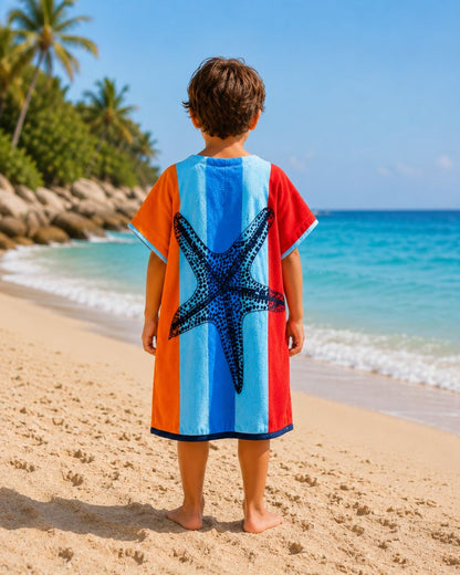 Hélène kids Poncho till 12 years , Quick Dry Lightweight Absorbent Cotton Towel Robe for Pool | Swim | Beach |, Aqua Starfish Design