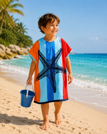 Hélène kids Poncho till 12 years , Quick Dry Lightweight Absorbent Cotton Towel Robe for Pool | Swim | Beach |, Aqua Starfish Design