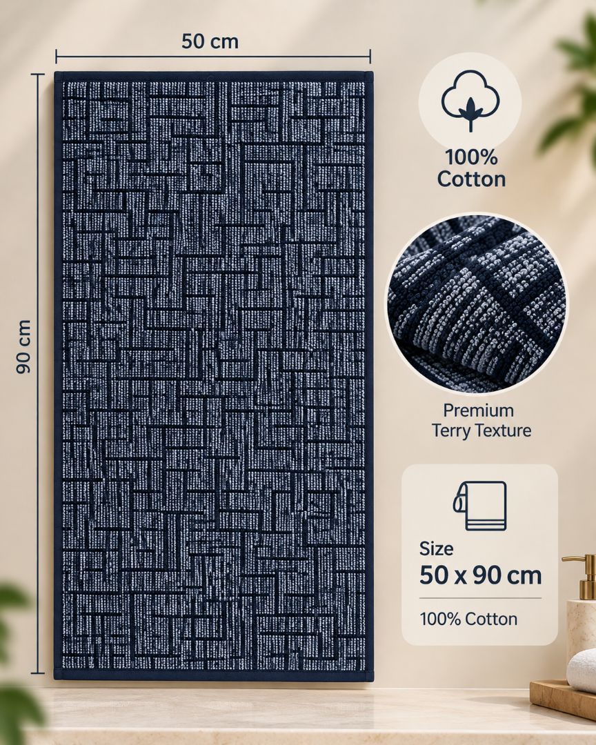 Premium Bath towel 50x90 cm , 100% cotton,Navy Geometric Grid.