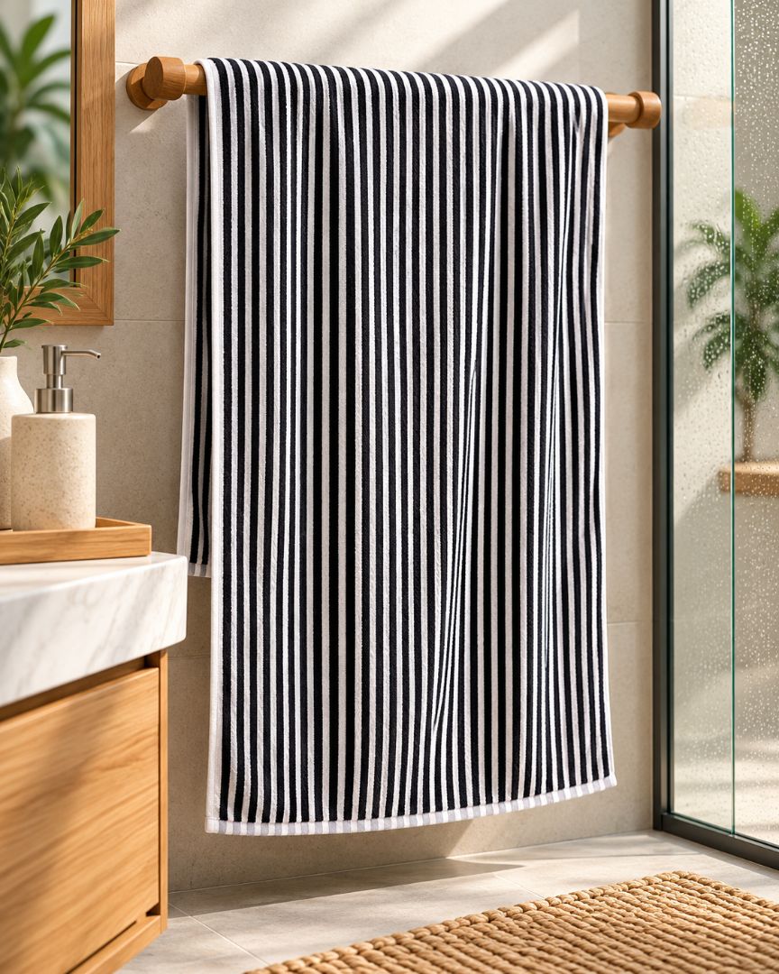 Premium Bath towel 50x90 cm , 100% cotton,Black&White Striped.
