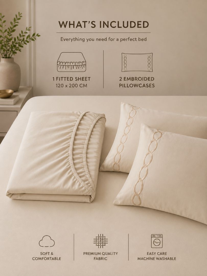 Premium Quality Fitted Sheet and Embroidered Pillowcase Set of 3 Pcs size 2 pillow cases size 50x70 cm , 120x200 cm.