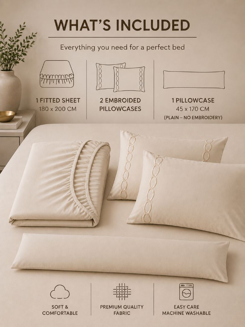 Premium Quality Fitted Sheet and Embroidered Pillowcase Set of 4 Pcs size 2 pillow cases size 50x70 cm , 1 pillow case 45x170 cm 180x200 cm.