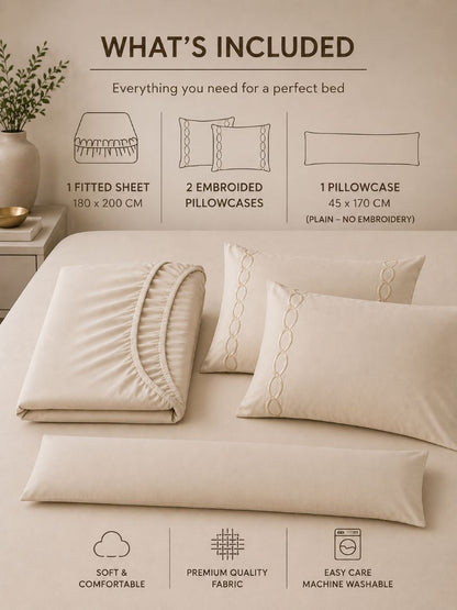 Premium Quality Fitted Sheet and Embroidered Pillowcase Set of 4 Pcs size 2 pillow cases size 50x70 cm , 1 pillow case 45x170 cm 180x200 cm.