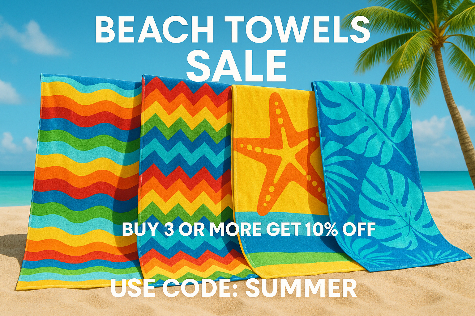 create a photo with beach towels sale
buy 3 beach towels or more get 10% off use code "Summer"