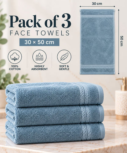 Velour Face towel set of 3 towels, 100%cotton , 30x50cm.