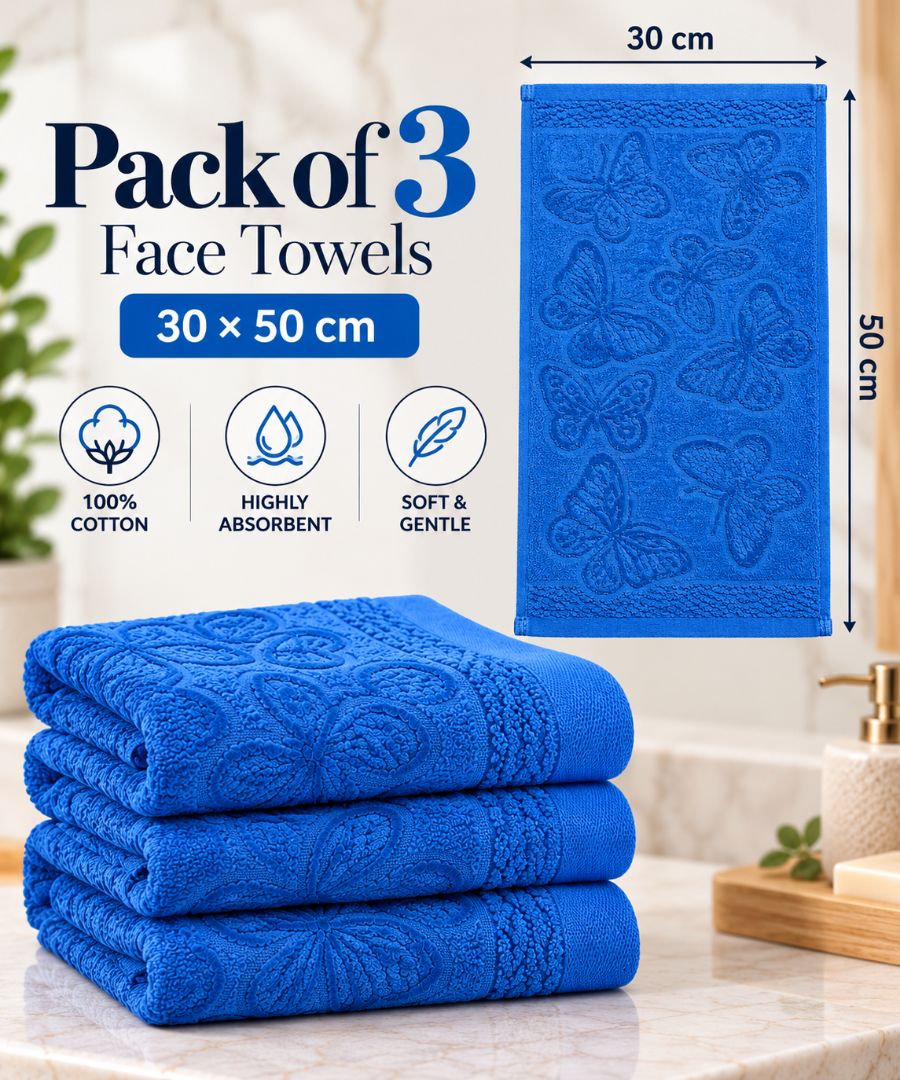 Velour Face towel set of 3 towels, 100%cotton , 30x50cm.