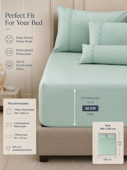Premium Quality Fitted Sheet and Embroidered Pillowcase Set of 4 Pcs size 2 pillow cases size 50x70 cm , 1 pillow case 45x170 cm 180x200 cm.