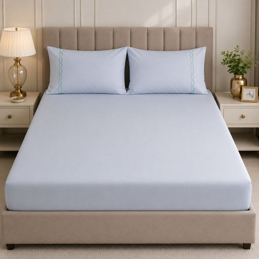 Premium Quality Fitted Sheet and Embroidered Pillowcase Set of 4 Pcs size 2 pillow cases size 50x70 cm , 1 pillow case 45x170 cm 180x200 cm.