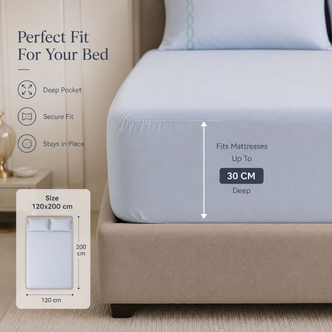 Premium Quality Fitted Sheet and Embroidered Pillowcase Set of 3 Pcs size 2 pillow cases size 50x70 cm , 120x200 cm.