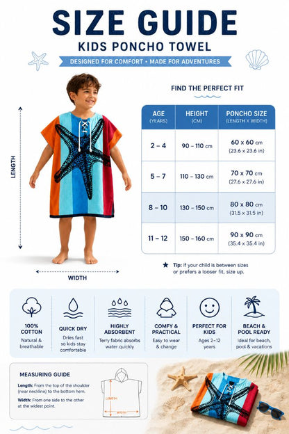Hélène kids Poncho till 12 years , Quick Dry Lightweight Absorbent Cotton Towel Robe for Pool | Swim | Beach |, Aqua Starfish Design