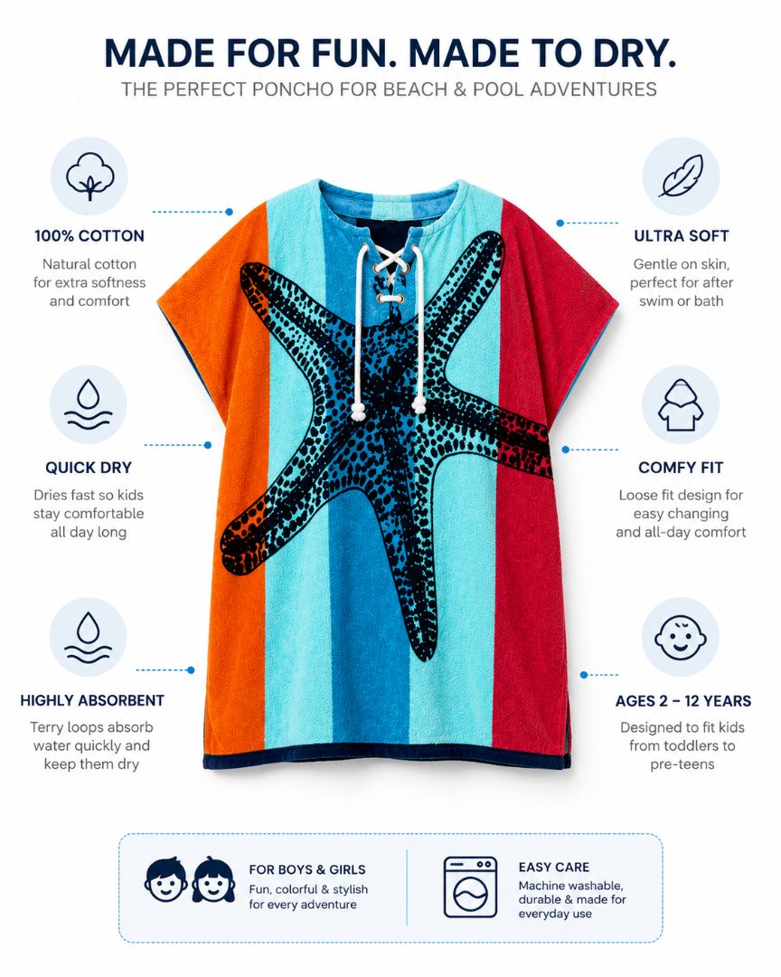Hélène kids Poncho till 12 years , Quick Dry Lightweight Absorbent Cotton Towel Robe for Pool | Swim | Beach |, Aqua Starfish Design