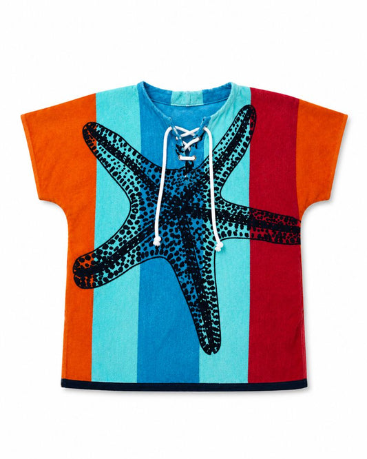 Hélène kids Poncho till 12 years , Quick Dry Lightweight Absorbent Cotton Towel Robe for Pool | Swim | Beach |, Aqua Starfish Design