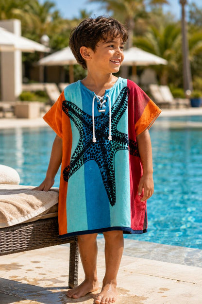 Hélène kids Poncho till 12 years , Quick Dry Lightweight Absorbent Cotton Towel Robe for Pool | Swim | Beach |, Aqua Starfish Design