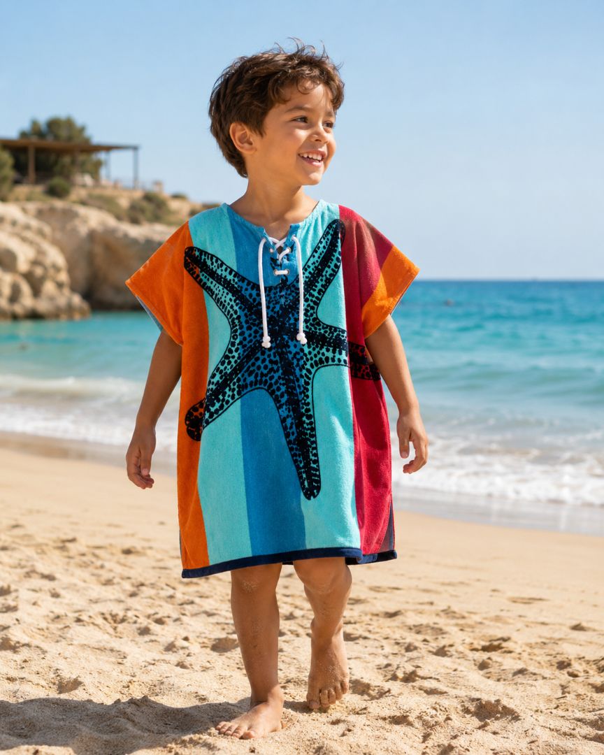 Hélène kids Poncho till 12 years , Quick Dry Lightweight Absorbent Cotton Towel Robe for Pool | Swim | Beach |, Aqua Starfish Design