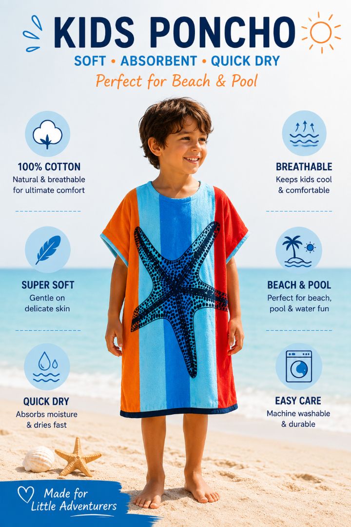 Hélène kids Poncho till 12 years , Quick Dry Lightweight Absorbent Cotton Towel Robe for Pool | Swim | Beach |, Aqua Starfish Design