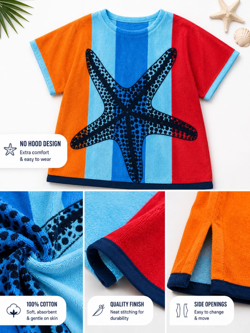 Hélène kids Poncho till 12 years , Quick Dry Lightweight Absorbent Cotton Towel Robe for Pool | Swim | Beach |, Aqua Starfish Design