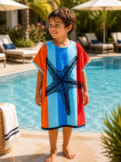 Hélène kids Poncho till 12 years , Quick Dry Lightweight Absorbent Cotton Towel Robe for Pool | Swim | Beach |, Aqua Starfish Design