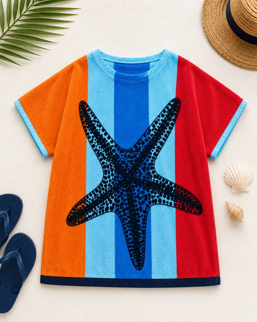 Hélène kids Poncho till 12 years , Quick Dry Lightweight Absorbent Cotton Towel Robe for Pool | Swim | Beach |, Aqua Starfish Design