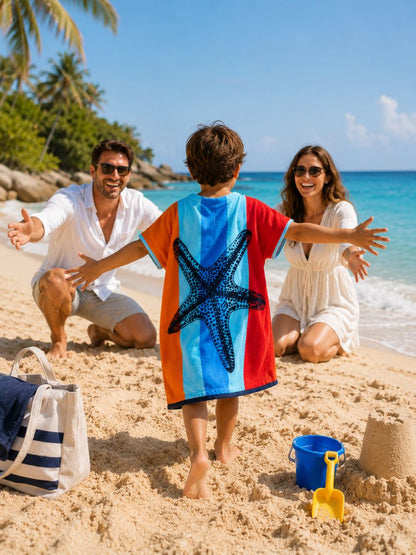 Hélène kids Poncho till 12 years , Quick Dry Lightweight Absorbent Cotton Towel Robe for Pool | Swim | Beach |, Aqua Starfish Design