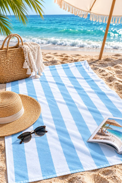 Terry stripes  Beach towel 100%cotton,70x180 cm.(Light Blue)